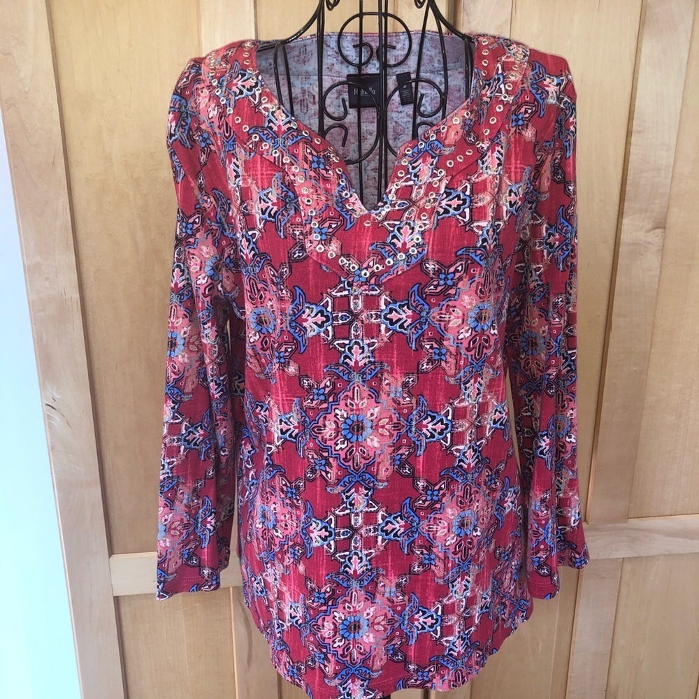 Rafaella red blue Top with gold rivets 3/4 sleeve size Medium